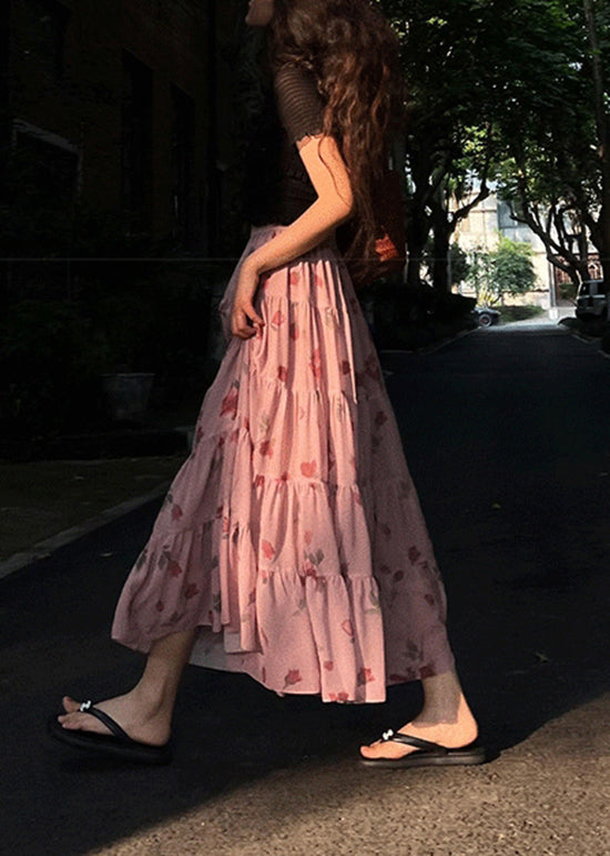 Beautiful Pink Wrinkled Print Elastic Waist Chiffon Skirts Spring