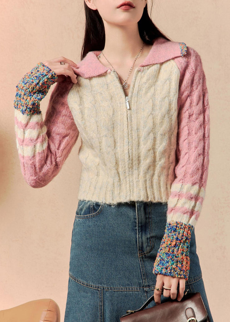 Beautiful Pink Zip Up Patchwork Knit Sweaters Winter