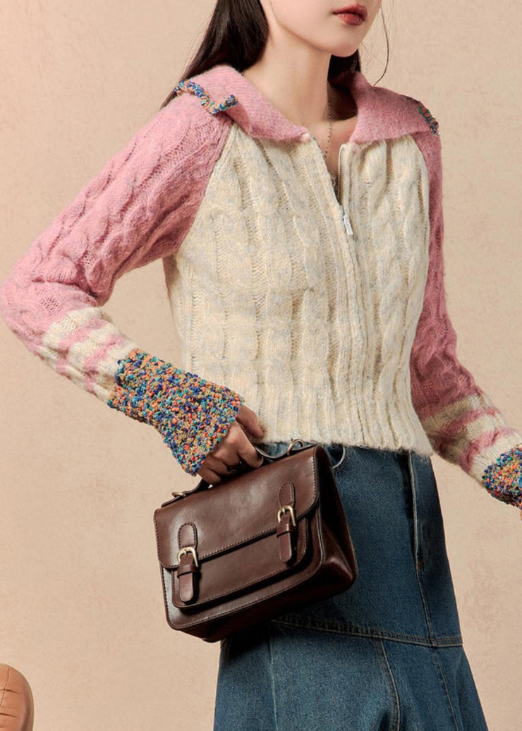 Beautiful Pink Zip Up Patchwork Knit Sweaters Winter