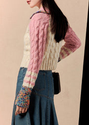 Beautiful Pink Zip Up Patchwork Knit Sweaters Winter