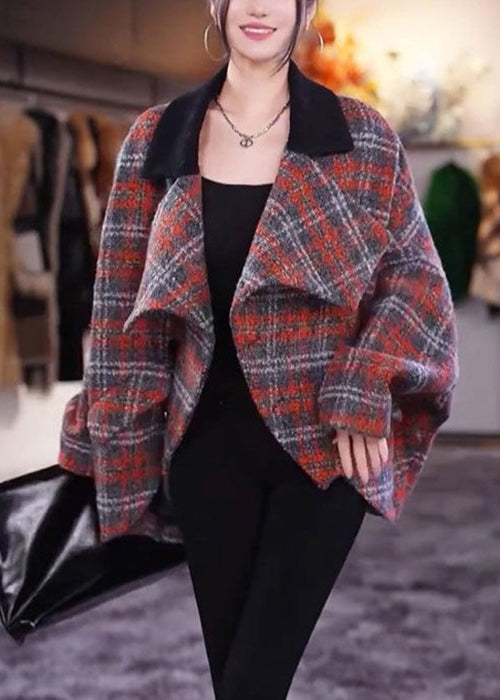 Beautiful Plaid Peter Pan Collar Pockets Woolen Coats Long Sleeve