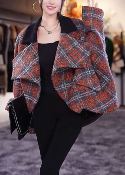 Beautiful Plaid Peter Pan Collar Pockets Woolen Coats Long Sleeve