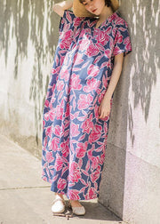 Beautiful Pink Print Summer Cotton Dress Batwing Sleeve Maxi Dress