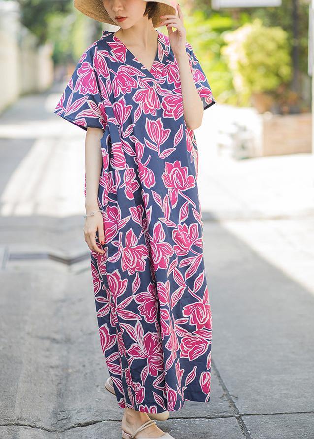 Beautiful Pink Print Summer Cotton Dress Batwing Sleeve Maxi Dress