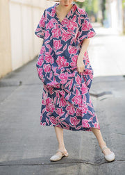 Beautiful Pink Print Summer Cotton Dress Batwing Sleeve Maxi Dress