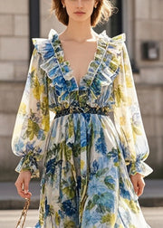 Beautiful Print Ruffled Silm Fit Chiffon Beach Dress Spring