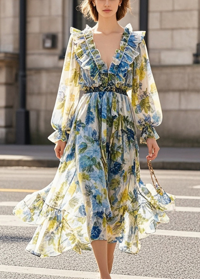 Beautiful Print Ruffled Silm Fit Chiffon Beach Dress Fall