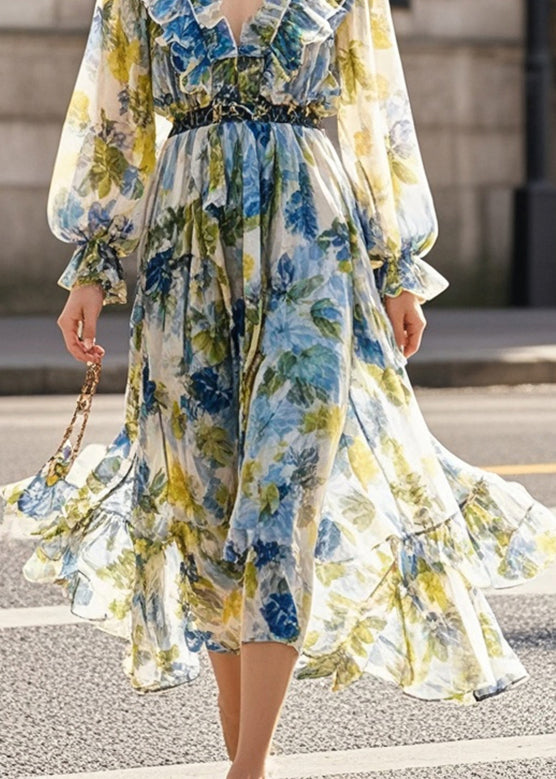 Beautiful Print Ruffled Silm Fit Chiffon Beach Dress Spring