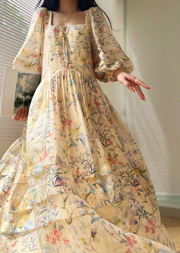 Beautiful Print Square Collar Silk Dresses Lantern Sleeve