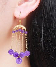 Beautiful Purple 14K Gold Crystal Tassel Drop Earrings