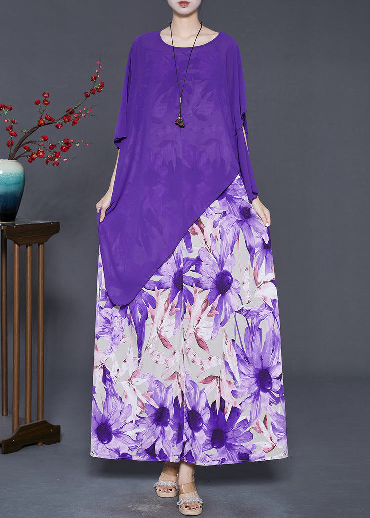 Beautiful Purple Asymmetrical Print Chiffon Women Sets 2 Pieces Summer