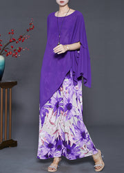 Beautiful Purple Asymmetrical Print Chiffon Women Sets 2 Pieces Summer