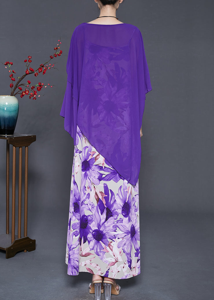 Beautiful Purple Asymmetrical Print Chiffon Women Sets 2 Pieces Summer