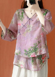 Beautiful grey Asymmetrical Print Linen Blouses Half Sleeve