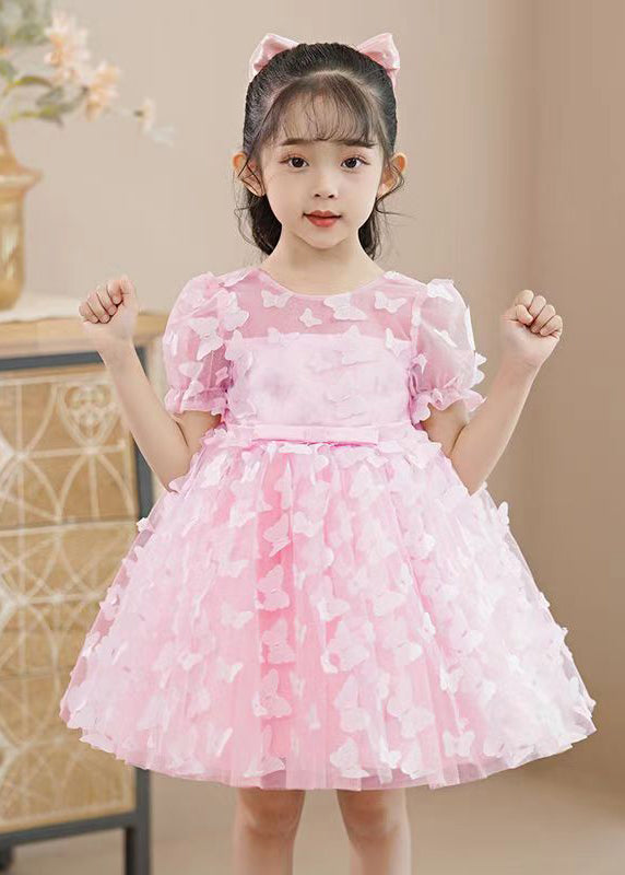 Beautiful Purple Butterfly Embroideried Tulle Girls Mid Dress Summer