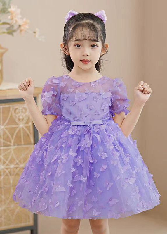 Beautiful Purple Butterfly Embroideried Tulle Girls Mid Dress Summer