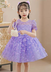 Beautiful Purple Butterfly Embroideried Tulle Girls Mid Dress Summer