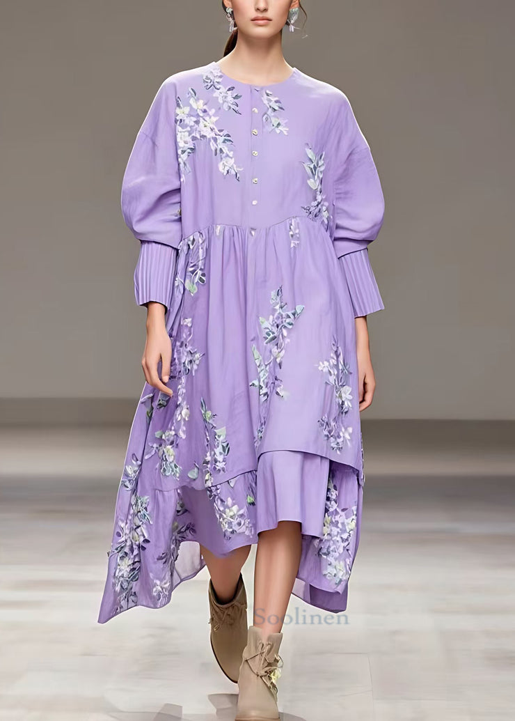 Beautiful Purple Button Print Cotton Long Dresses Fall