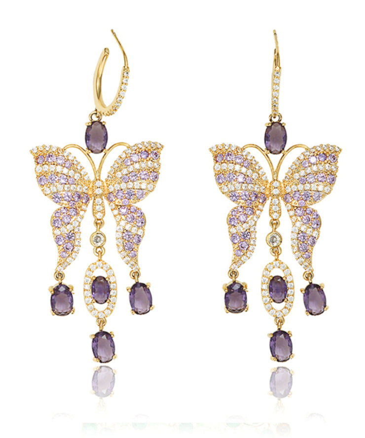 Beautiful Purple Copper Zircon Crystal Butterfly Tassel Drop Earrings