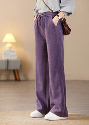 Beautiful Purple Elastic Waist Pockets Corduroy Straight Pants Spring