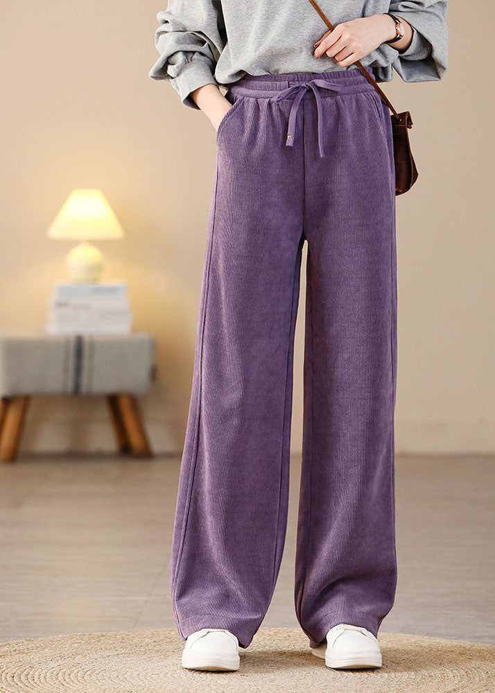 Beautiful Purple Elastic Waist Pockets Corduroy Straight Pants Spring