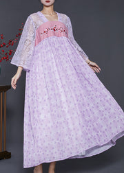 Beautiful Purple Embroidered Hollow Out Chiffon Long Dress Summer