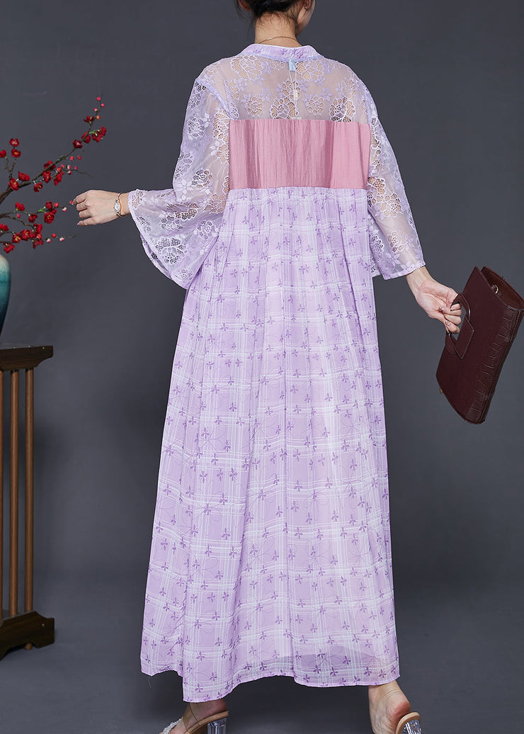 Beautiful Purple Embroidered Hollow Out Chiffon Long Dress Summer