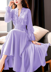 Beautiful Purple Embroidered Lace Elastic Waist Maxi Dresses Fall