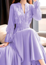 Beautiful Purple Embroidered Lace Elastic Waist Maxi Dresses Fall