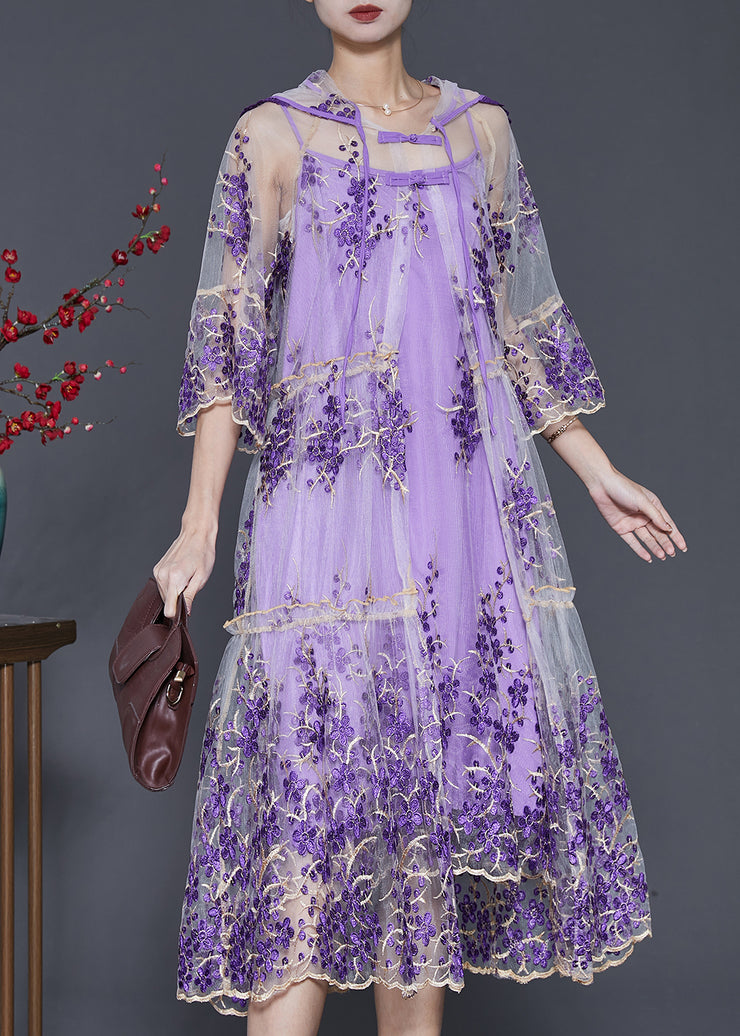 Beautiful Purple Embroidered Tulle Dress Two Pieces Set Summer