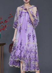 Beautiful Purple Embroidered Tulle Dress Two Pieces Set Summer