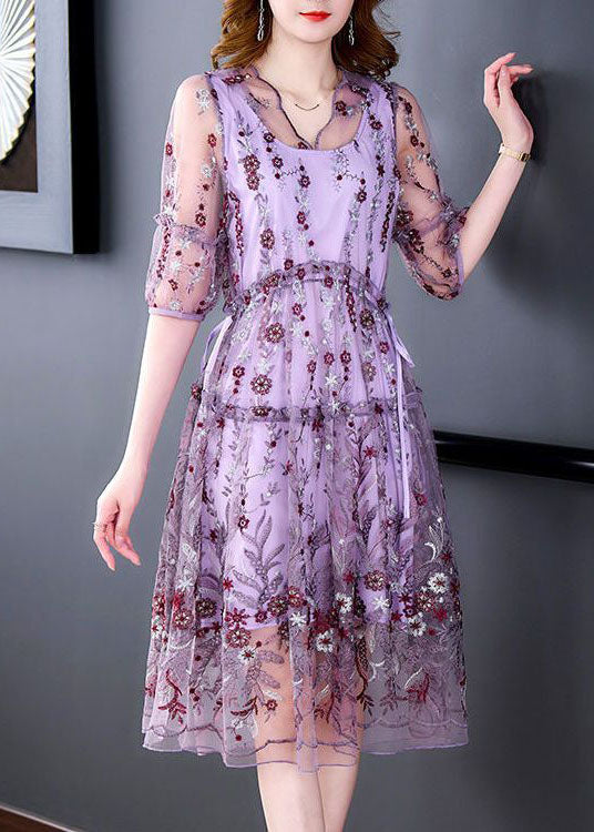 Beautiful Purple Embroideried Hollow Out Tulle Long Dress Summer