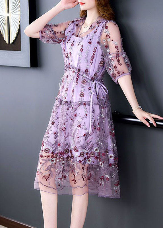 Beautiful Purple Embroideried Hollow Out Tulle Long Dress Summer