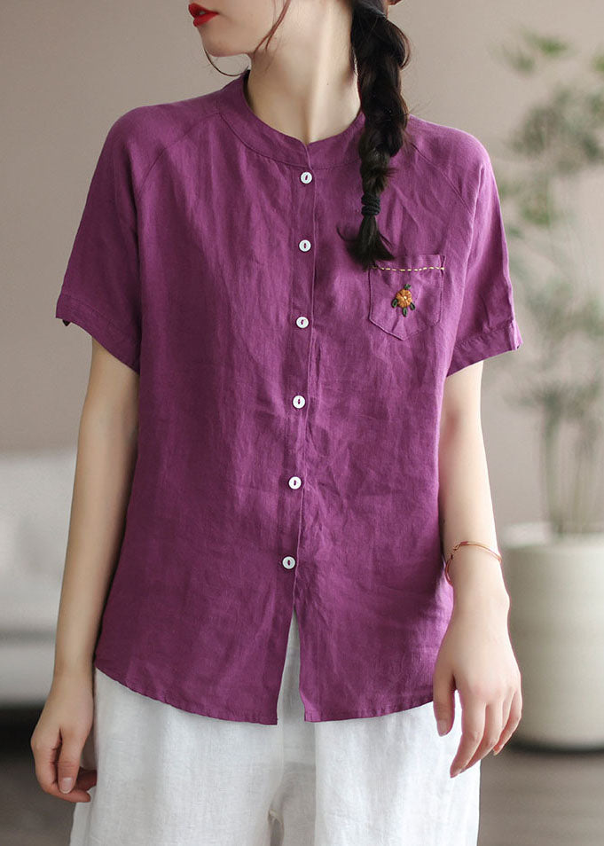 Beautiful Purple Embroidered Patchwork Linen Blouse Top Summer