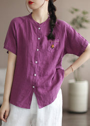 Beautiful Purple Embroideried Patchwork Linen Blouse Top Summer