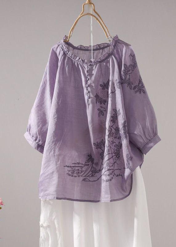 Beautiful Purple Embroideried Patchwork Linen T Shirt Top Summer