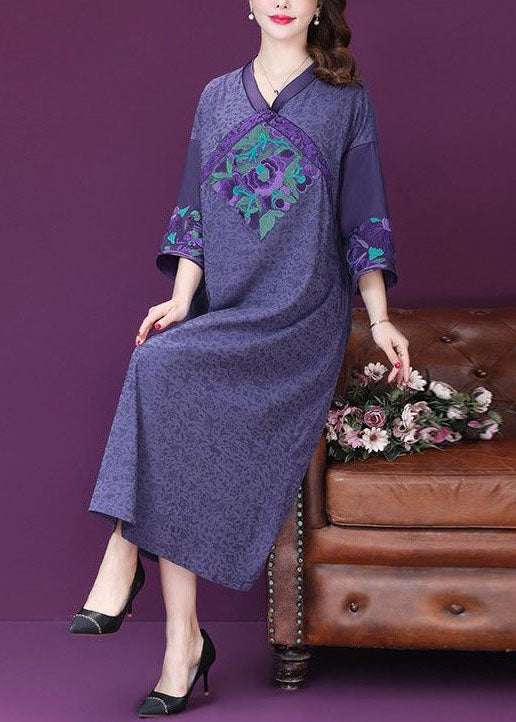 Beautiful Purple Embroideried Patchwork Silk A Line Dresses Bracelet Sleeve