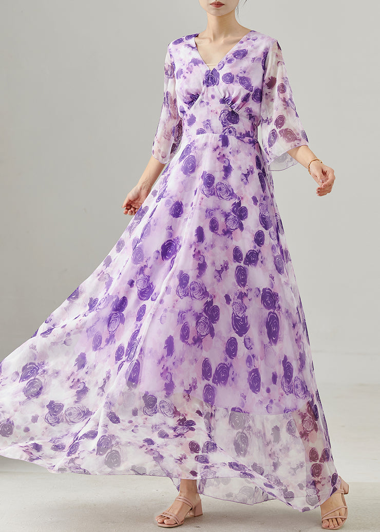 Beautiful Purple Floral Exra Large Hem Chiffon Holiday Dress Summer