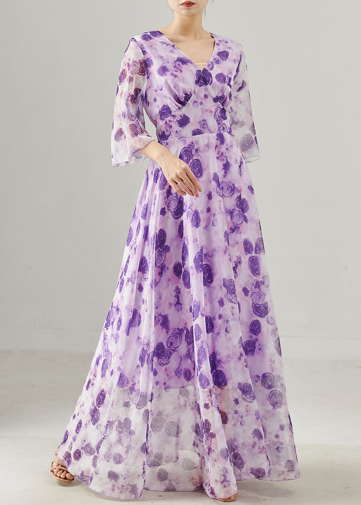 Beautiful Purple Floral Exra Large Hem Chiffon Holiday Dress Summer