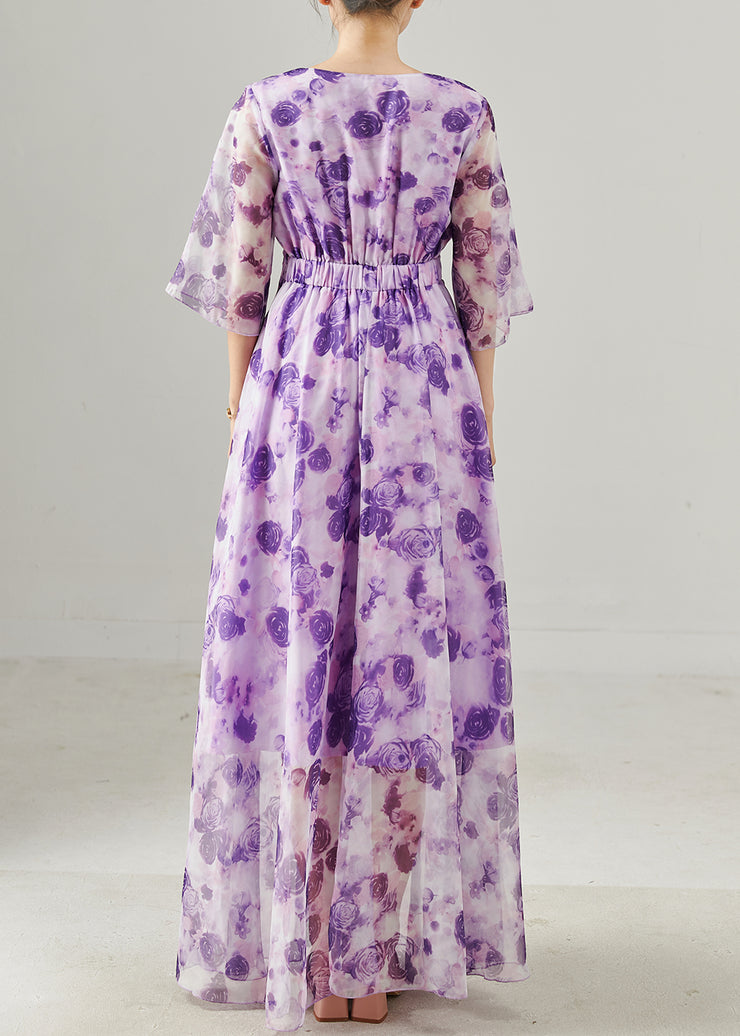 Beautiful Purple Floral Exra Large Hem Chiffon Holiday Dress Summer