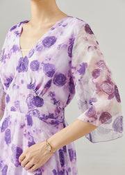 Beautiful Purple Floral Exra Large Hem Chiffon Holiday Dress Summer