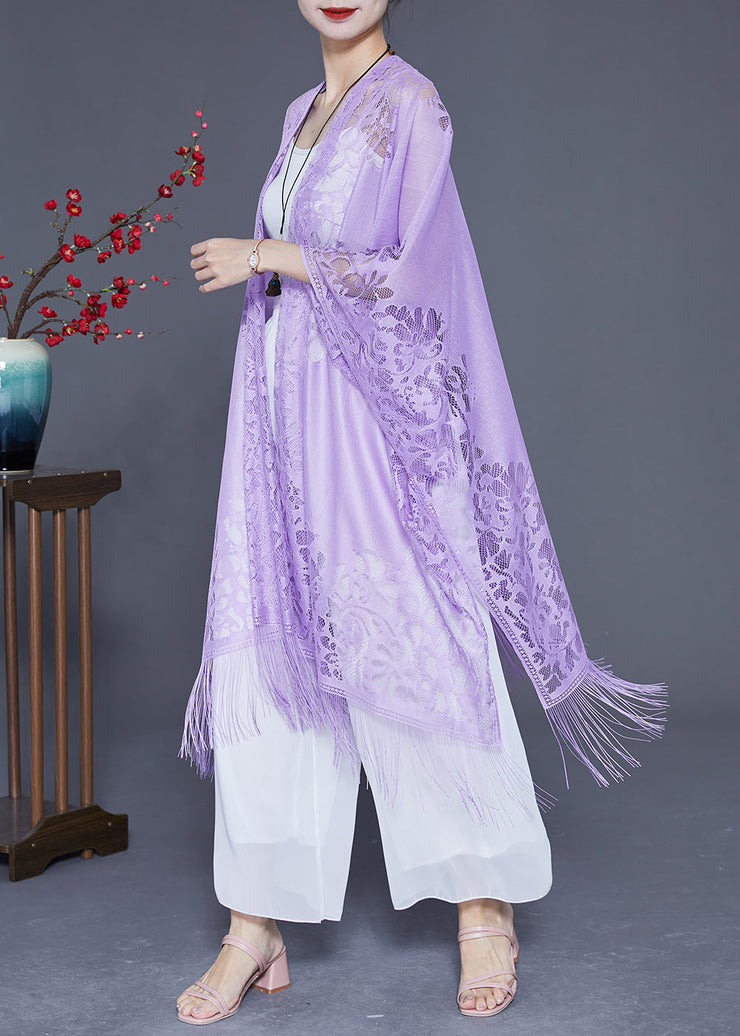 Beautiful Purple Hollow Out Tasseled Lace Scarf