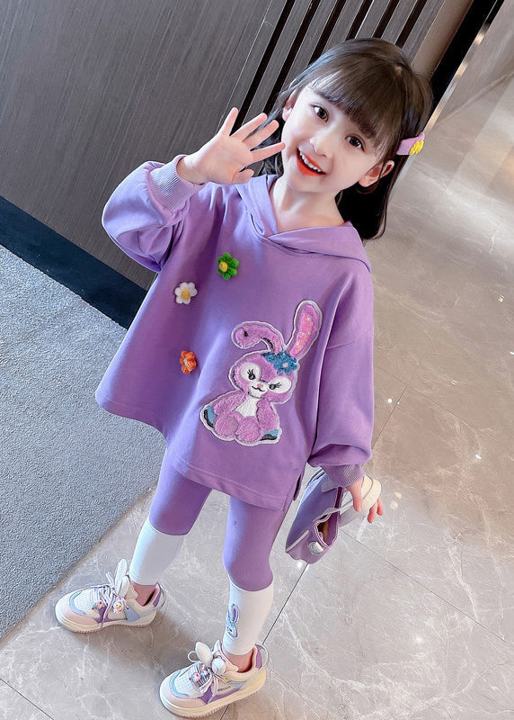 Beautiful Purple Hooded Print Patchwork Cotton Girls Two Pieces Set Fall