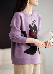 Beautiful Purple O-Neck Animal Print Thick Cotton Knit Sweater Long Sleeve