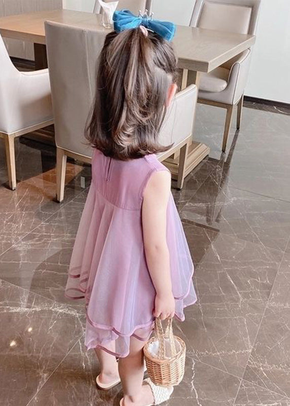 Beautiful Purple O-Neck Bow Patchwork Tulle Girls Mid Dress Sleeveless