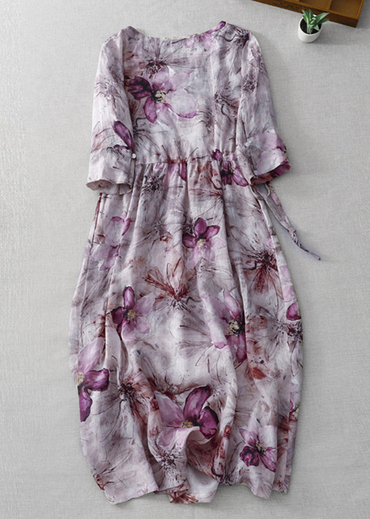 Beautiful Purple O Neck Print Lace Up Cotton Dress Half Sleeve