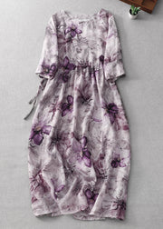 Beautiful Purple O Neck Print Lace Up Cotton Dress Half Sleeve