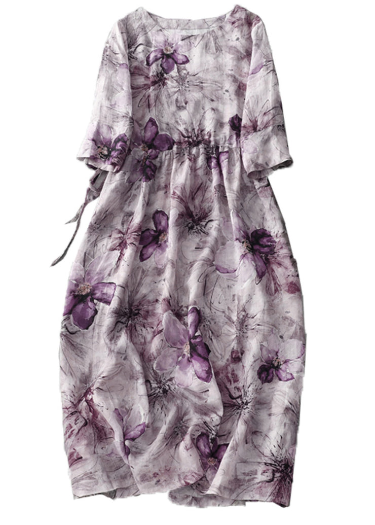 Beautiful Purple O Neck Print Lace Up Cotton Dress Half Sleeve