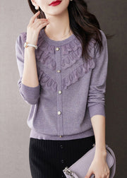 Beautiful Purple O Neck Ruffled Patchwork Knit Tops Fall