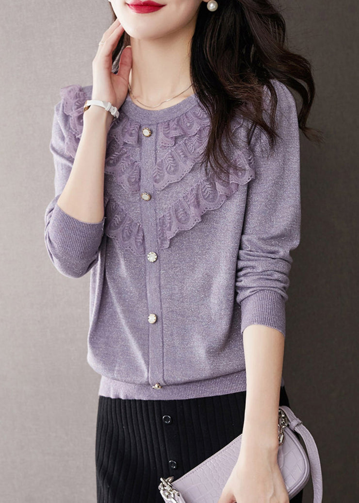 Beautiful Purple O Neck Ruffled Patchwork Knit Tops Fall